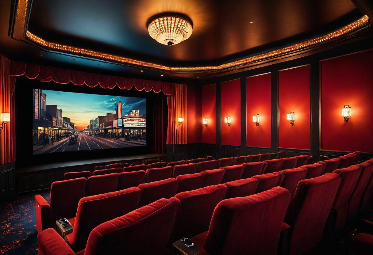 A captivating scene of a vintage cinema filled with film reels, soft glowing lights, and plush velvet seats, with silhouettes of diverse people engaged in watching movies. A large screen displays iconic scenes from adult cinema, with a warm color palette that evokes nostalgia. Incorporate elements like popcorn, drinks, and vintage movie posters to enhance the atmosphere. cinematic style. vibrant colors. 3D.