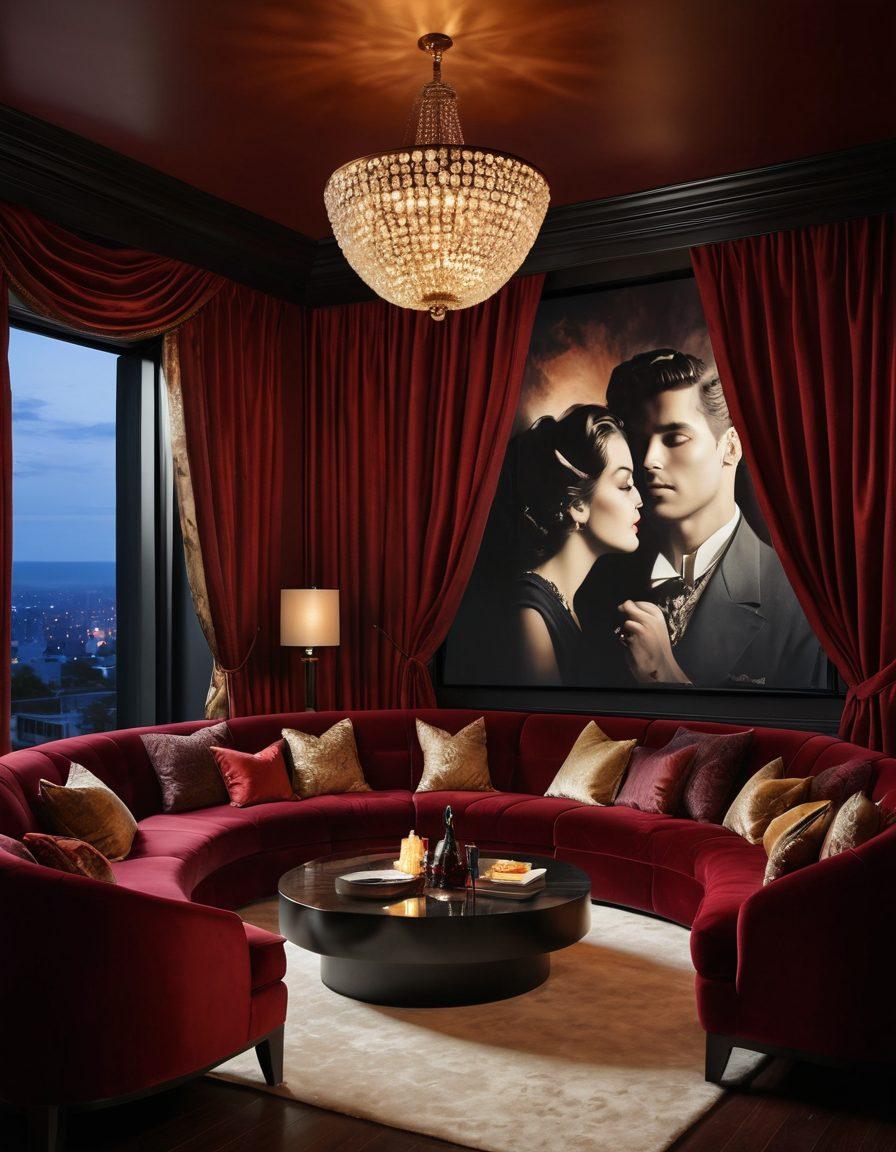 A sultry scene featuring a dimly lit, cozy home theater setup, with plush seating and a large screen displaying abstract imagery of sensuality. Soft lighting accentuates the allure and mystery, with hints of silk curtains and a glass of red wine beside a popcorn bowl. Incorporate silhouettes of couples in intimate poses as a background. The ambiance should evoke a sense of desire and exploration. moody lighting. super-realistic. vibrant colors.